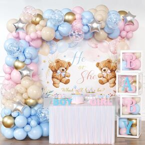 Gender Reveal Baby Boxes Balloon Decorations, 158pcs Pink Blue Balloons Arch Kit, 4pcs Baby Box with Letters, Bear Gender Reveal Backdrop for Baby Shower He or She Gender Reveal Party Supplies