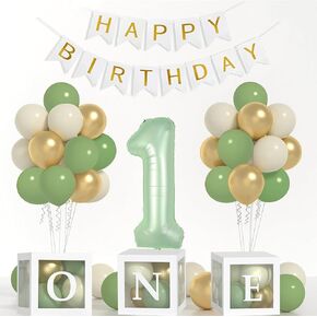 First Birthday Decorations For Boy-40 Inch Blue 1 Number, Baby Blue White Balloons, Happy Birthday Balloons And One Balloon Boxes For Kids One Year Old Birthday Decorations