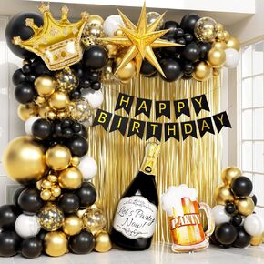 107pcs Black Gold Birthday Decorations for Men with Black and Metallic Gold Foil Balloons Happy Birthday Banner for 16th 18th 21st 24th 32th 40th 50th 60th Birthday Decorations for Men