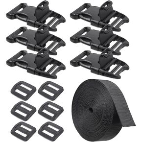 1'' Buckles & Straps Set: 7 Yards Hard-Wearing Nylon Straps 1 inch Wide, 6 Pcs Non-Slip Quick Side Release Buckle, 6 Pcs Tri-Glide Sliders, Available for DIY Heavy Duty No Sew, Black