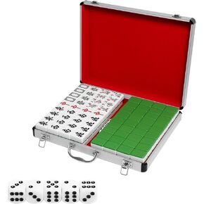 Chinese Mahjong Set Portable Mahjong Tiles Set Contains 144 Pieces Of 1.5 Inch Large Mahjong Tiles With Silver Mahjong Carrying Case, Suitable For Mahjong Free Games On Automatic Mahjong Table (Green)