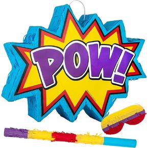 ArtCreativity Pow Superhero Piñata for Kids - Includes Pinata with Blindfold and Stick for Super Hero Party Supplies - Super Hero Party Decorations for Boys - Easy to Fill Birthday Party Piñata