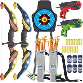 Kids Bow and Arrow Set 2 LED Lights Archery Toys with 20 Suction Cup Arrows 2 Foam Guns and Standing Target Indoor Outdoor Games Toys for Ages 3-12 Boys and Girls Birthday Gifts