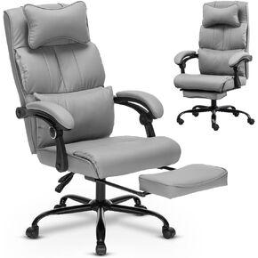 Executive Office Chair, Reclining Office Chair with Foot Rest Leather Chair High Back Home Office Desk Chair with Lumbar Support Ergonomic Office Chair - Not a Springy Recline (Grey)