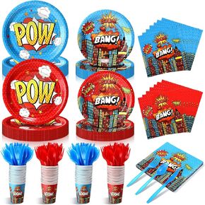 210 Pcs Hero Party Supplies for 30 Guests Hero Paper Plates Napkins Cups and Cutlery Red Blue Hero Themed Disposable Tableware Hero Party Decorations for Boys Birthday Party Baby Shower