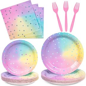 DECORLIFE Pastel Plates and Napkins Party Supplies Serve 24, Rainbow Birthday Plates and Napkins, Girls Baby Shower, Birthday BBQ, Folks Included, Total 96PCS