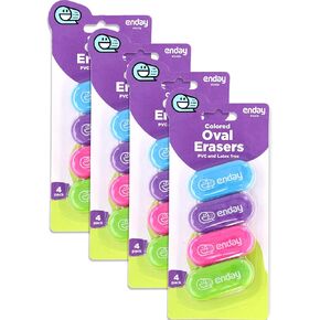 Erasers Pencil, Oval Hi Polymer Large Soft Eraser, Rubber and Non – Abrasive Eraser, Drawing School Supplies for Kids Erasers in Pink, Purple, Blue, Green 4 Packs of 4 Erasers (16 PC) – by Enday