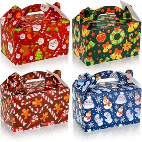 Clabby 24 Pieces Christmas Treat Boxes Xmas Gift Boxes with Handles Christmas Cardboard Candy Cookie Boxes Plaid Santa Elf Snowman Elk Gingerbread Boxes for Holiday Party Favor Supplies
