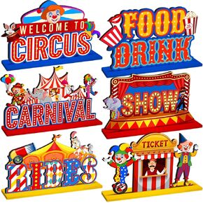 6 Pcs Circus Carnival Party Decorations Carnival Centerpieces for Tables Circus Theme Party Decorations Wooden Carnival Centerpieces for Cake Toppers Birthday Party Favors Supplies