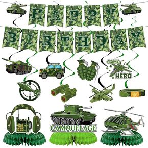 Army Birthday Party Decorations - 21PCS Camo Birthday Decorations with Banner Hanging Swirls Honeycomb Centerpieces for Tables Military Party Decorations for Boys Girls Party Supplies