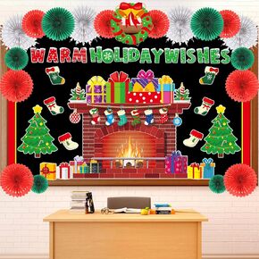 Christmas Bulletin Board Decorations Warm Holiday Wishes Fireplace Bulletin Board Set with Paper Fans Xmas Hearth Stocking Cutouts Christmas Tree Cardboard for Christmas Winter Classroom Home Decor