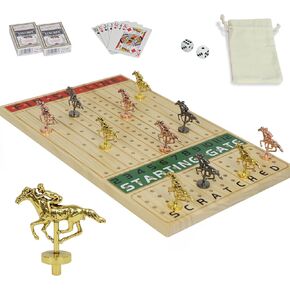 Metal Horse Racing Board Game Card Board Game Finish Line Luxury Edition Solid Wood Race Game Board 11 Batches of Metal Model Horses 2 Sets of Dice and 2 Boxes of Cards…