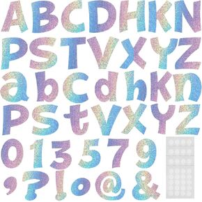 Gueevin 216 Pcs Bulletin Board Letters for Classroom Numbers Alphabet and Punctuation Cutouts Poster Board Letters with Adhesive Dots for School Wall Bulletin Board Decoration(Holographic)