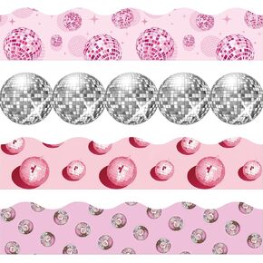 80 Pcs 91.8 ft Pink Disco Classroom Bulletin Board Borders Colorful Disco Bulletin Board Trim Self Adhesive Scalloped Borders Decorations Stickers for Office School Blackboard Chalkboard Desk