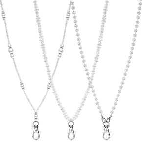 3 Pcs Chain Lanyard Pearl Lanyards for ID Badges for Women and Men Badge Lanyards for Women and Men Beaded Lanyards for Keys Cruise Ship Cards Nurse Office Worker Teacher, White