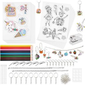 Shrink Plastic Craft Kit, Make Your Own Keychain Charms with Shrinky Sheets, Shrink Art Paper Kit Include Shrink Paper, Hole Punch, Keychains Accessories and Pencils