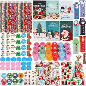 Atonofun 242 Pcs Christmas Party Favors, Christmas School Stationery Set Xmas Classrooms Reward Prizes for Kids Notebooks Stickers Stamps Rulers Pencils Sharpener Erasers for Goodie Bag Fillers