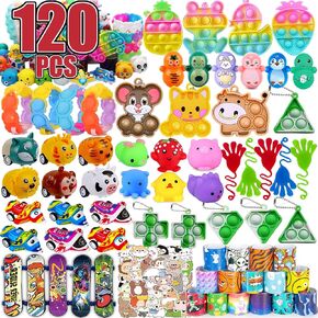 120 PCS Party Favors for Kids, Pop Fidget Treasure Box Toys, Classroom Prizes, Pinata Filler Goodie Bag Stuffers, Treasure Chest, Carnival Prize Box Toys for Boys Girls