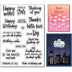 Arbuya Birthday Words Phrase Clear Stamps for Cards Making or Journaling, Sentiment Thinking of You Thank You Silicone Rubber Stamps for Journals Scrapbooking Tags Paper Crafts