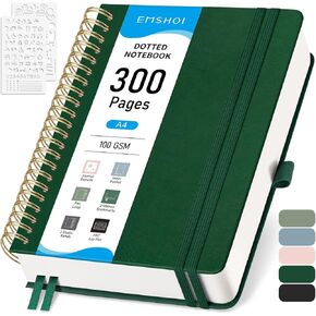 EMSHOI Bullet Dotted Journal Spiral Notebook - 300 Pages, A4 Hardcover Leather, 100 GSM Thick Dot Grid Notebook for Women Men Work Writing, Bullet Journaling, Drawing, 8.27" x 11.2", Light Green in Kuwait