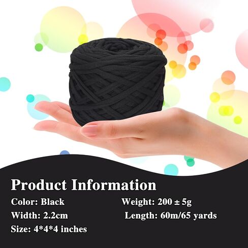 200g T-Shirt Yarn Elastic Fabric Crochet Cloth Yarn for DIY Knitting, Spaghetti Yarn Thick Knitting Yarn for Hand DIY Bag Basket Cushion Crocheting Projects,Home Decor(Black) in Saudi Arabia