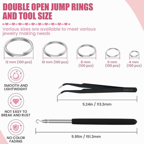 500 Pcs Double Open Jump Rings Kit, Stainless Steel Mini Round Split Craft Jump Keychains Key Ring with Double Loops Connectors for Jewelry Making, Bracelets Necklace Repair, DIY (4, 6, 8, 10, 12mm) in Saudi Arabia
