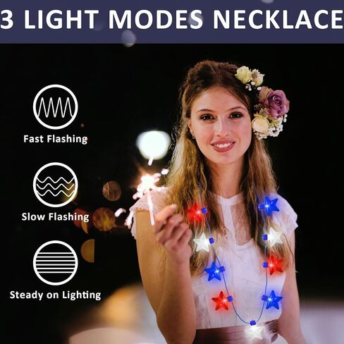 Independence Day Necklace Accessories, 4Pcs LED Holiday Light Up Stars Necklace, Red Blue White Flashing Necklace for 4th of July Parades Patriotic Celebration Themed Firework Party Memorial Day in Kuwait