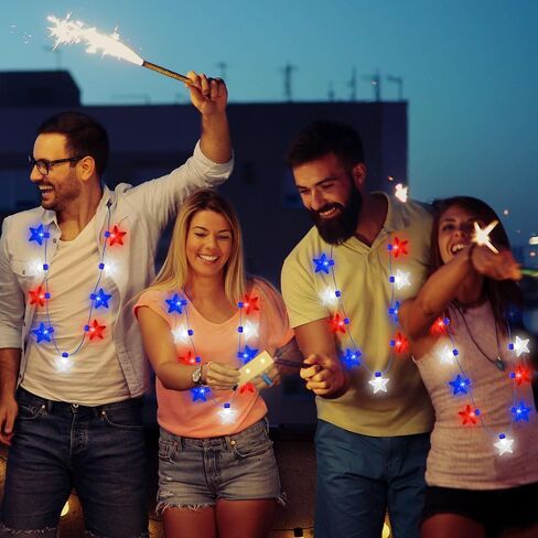 Independence Day Necklace Accessories, 4Pcs LED Holiday Light Up Stars Necklace, Red Blue White Flashing Necklace for 4th of July Parades Patriotic Celebration Themed Firework Party Memorial Day in Kuwait