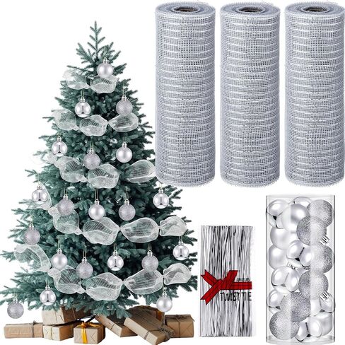 Leitee 90 Ft Deco Mesh Ribbon for Christmas Tree Include 3 Rolls 10 Inch Wide Metallic Ribbon Garland,24 Christmas Ball Ornament and 300 Tie Strand for DIY Holiday Xmas Tree Wreath Decor(Silver) in Saudi Arabia