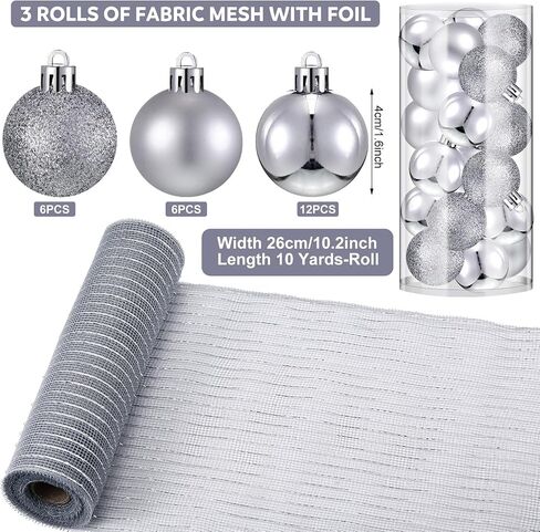 Leitee 90 Ft Deco Mesh Ribbon for Christmas Tree Include 3 Rolls 10 Inch Wide Metallic Ribbon Garland,24 Christmas Ball Ornament and 300 Tie Strand for DIY Holiday Xmas Tree Wreath Decor(Silver) in Saudi Arabia