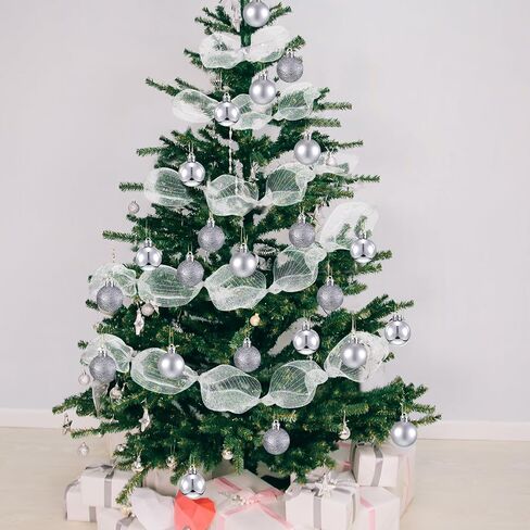 Leitee 90 Ft Deco Mesh Ribbon for Christmas Tree Include 3 Rolls 10 Inch Wide Metallic Ribbon Garland,24 Christmas Ball Ornament and 300 Tie Strand for DIY Holiday Xmas Tree Wreath Decor(Silver) in Saudi Arabia