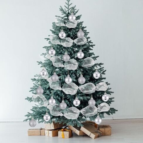 Leitee 90 Ft Deco Mesh Ribbon for Christmas Tree Include 3 Rolls 10 Inch Wide Metallic Ribbon Garland,24 Christmas Ball Ornament and 300 Tie Strand for DIY Holiday Xmas Tree Wreath Decor(Silver) in Saudi Arabia