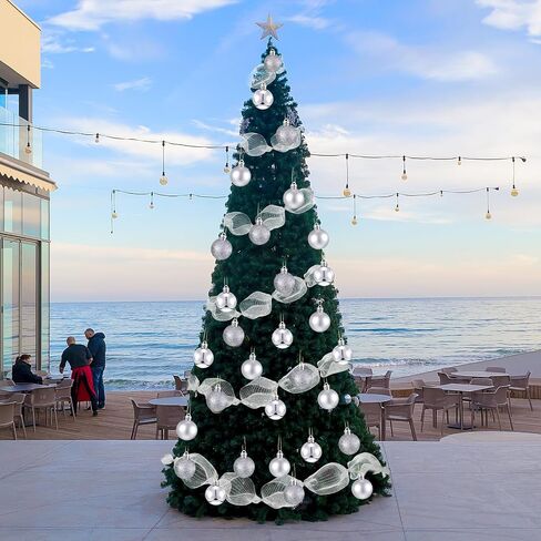 Leitee 90 Ft Deco Mesh Ribbon for Christmas Tree Include 3 Rolls 10 Inch Wide Metallic Ribbon Garland,24 Christmas Ball Ornament and 300 Tie Strand for DIY Holiday Xmas Tree Wreath Decor(Silver) in Saudi Arabia