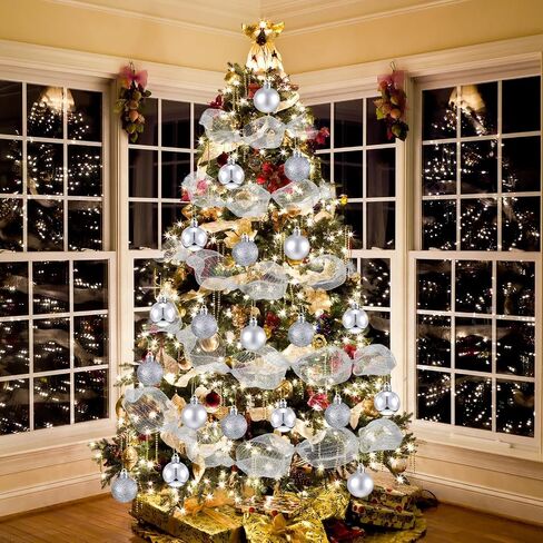 Leitee 90 Ft Deco Mesh Ribbon for Christmas Tree Include 3 Rolls 10 Inch Wide Metallic Ribbon Garland,24 Christmas Ball Ornament and 300 Tie Strand for DIY Holiday Xmas Tree Wreath Decor(Silver) in Saudi Arabia