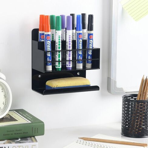MyGift Premium Black Acrylic Dry Erase Marker Holder with 10 Slots and Bottom Eraser Tray, Wall Mounted Whiteboard Accessories Organizer Rack for Home Office School in Saudi Arabia