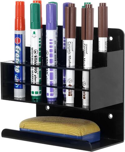 MyGift Premium Black Acrylic Dry Erase Marker Holder with 10 Slots and Bottom Eraser Tray, Wall Mounted Whiteboard Accessories Organizer Rack for Home Office School in Saudi Arabia