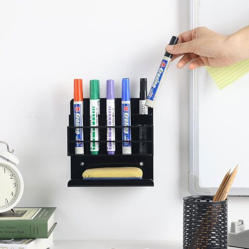 MyGift Premium Black Acrylic Dry Erase Marker Holder with 10 Slots and Bottom Eraser Tray, Wall Mounted Whiteboard Accessories Organizer Rack for Home Office School in Saudi Arabia