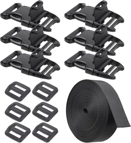 1'' Buckles & Straps Set: 7 Yards Hard-Wearing Nylon Straps 1 inch Wide, 6 Pcs Non-Slip Quick Side Release Buckle, 6 Pcs Tri-Glide Sliders, Available for DIY Heavy Duty No Sew, Black in Saudi Arabia