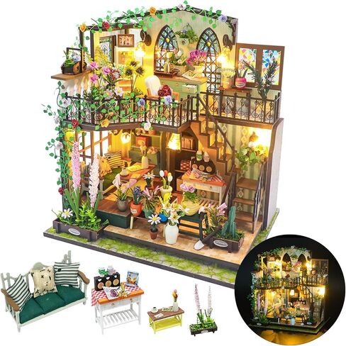 DIY Miniature House Kit Mini House Building Kit with LED Garden House Tiny House Kit with Dust Cover for Christmas Birthday Gifts for Adult in Saudi Arabia