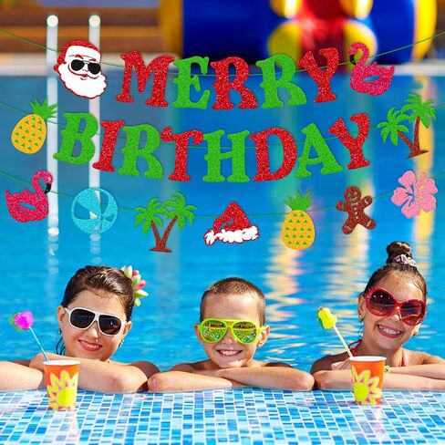 يوليو عيد الميلاد عيد ميلاد سعيد راية هاواي ميلي كاليكيماكا Bday زينة الحفلات عيد الميلاد الاستوائية الصيف فلامنغو الأناناس كرة الشاطئ شجرة جوز الهند زهرة الكركديه زهرة الزنجبيل رجل علامة الطرف in Kuwait