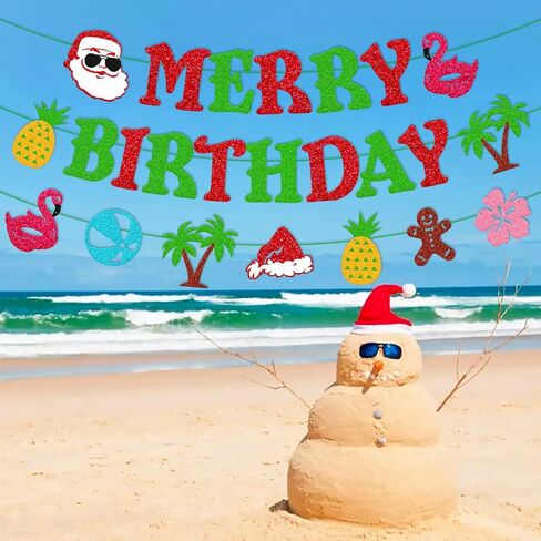 يوليو عيد الميلاد عيد ميلاد سعيد راية هاواي ميلي كاليكيماكا Bday زينة الحفلات عيد الميلاد الاستوائية الصيف فلامنغو الأناناس كرة الشاطئ شجرة جوز الهند زهرة الكركديه زهرة الزنجبيل رجل علامة الطرف in Kuwait
