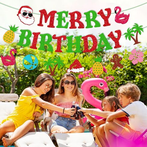 يوليو عيد الميلاد عيد ميلاد سعيد راية هاواي ميلي كاليكيماكا Bday زينة الحفلات عيد الميلاد الاستوائية الصيف فلامنغو الأناناس كرة الشاطئ شجرة جوز الهند زهرة الكركديه زهرة الزنجبيل رجل علامة الطرف in Kuwait