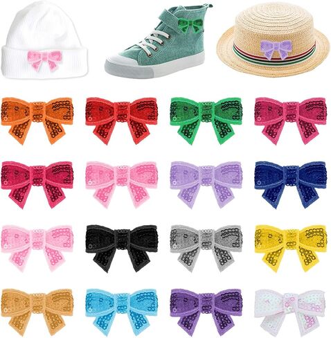 Mini Bow Patches, 16 Pieces Sequin Bow Patches for Crafts Shiny Iron on Applique Multicolor Embroidered Patches Small Bows Iron on Patches for Clothing Bags Jackets Hats DIY Crafts Decorations Making in Saudi Arabia
