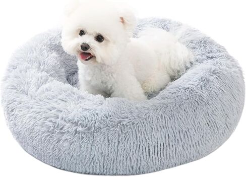 Calming Dog Bed for Small Dogs, 23 inches Anti-Slip Round Fluffy Plush Faux Fur Small Pet Bed, Donut Washable Large Cat Bed, Fits up to 25 lbs Pets, Gray in Saudi Arabia