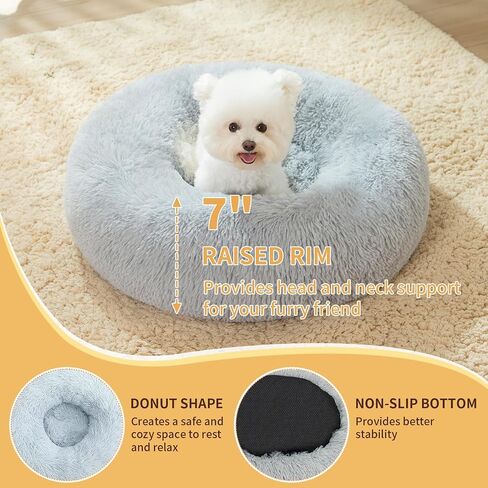 Calming Dog Bed for Small Dogs, 23 inches Anti-Slip Round Fluffy Plush Faux Fur Small Pet Bed, Donut Washable Large Cat Bed, Fits up to 25 lbs Pets, Gray in Saudi Arabia