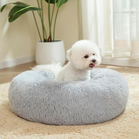 Calming Dog Bed for Small Dogs, 23 inches Anti-Slip Round Fluffy Plush Faux Fur Small Pet Bed, Donut Washable Large Cat Bed, Fits up to 25 lbs Pets, Gray in Saudi Arabia