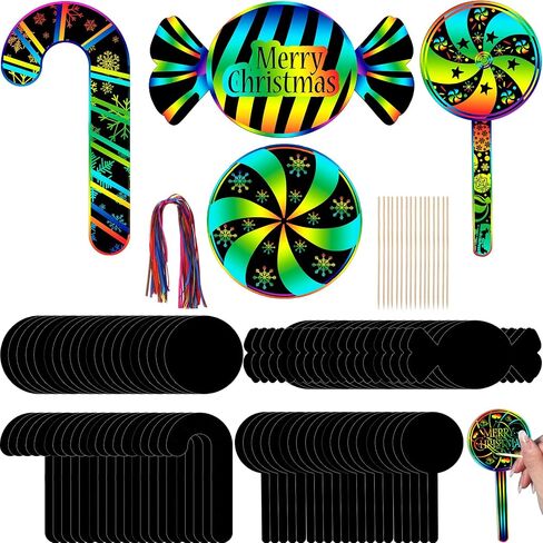 Hollowfly 80 Pcs Christmas Candy Cane Scratch Cards Candyland Party Favors Rainbow Xmas Candy Cane Peppermint Tree Decorations Christmas Tree Ornaments for Winter Xmas Home DIY Activities in Saudi Arabia