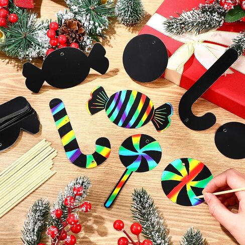 Hollowfly 80 Pcs Christmas Candy Cane Scratch Cards Candyland Party Favors Rainbow Xmas Candy Cane Peppermint Tree Decorations Christmas Tree Ornaments for Winter Xmas Home DIY Activities in Saudi Arabia