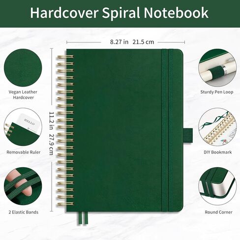 EMSHOI Bullet Dotted Journal Spiral Notebook - 300 صفحة، غلاف جلدي A4، 100 جرام في المتر المربع بشبكة سميكة من النقاط للنساء والرجال كتابة العمل، كتابة يومية رصاصة، رسم، 8.27 بوصة × 11.2 بوصة، أخضر فاتح in Kuwait