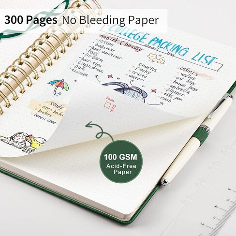 EMSHOI Bullet Dotted Journal Spiral Notebook - 300 صفحة، غلاف جلدي A4، 100 جرام في المتر المربع بشبكة سميكة من النقاط للنساء والرجال كتابة العمل، كتابة يومية رصاصة، رسم، 8.27 بوصة × 11.2 بوصة، أخضر فاتح in Kuwait